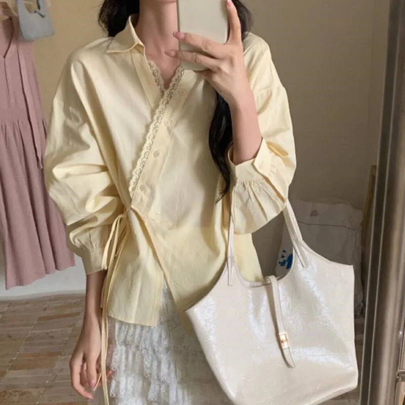 French Retro Lace Patchwork V-Neck Shirts Women Fashion Irregular Bandage Long Sleeve Shirt Woman Korean Design White Blouse