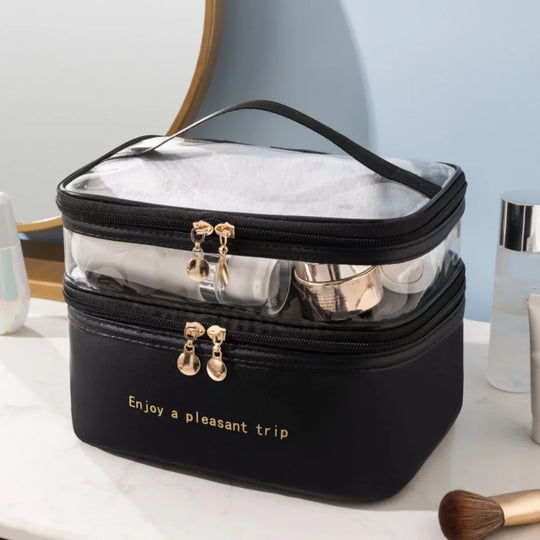 Waterproof Transparent Cosmetic Box PVC Double Layers Travel Toiletries Storage Bag PU Toiletries Organizer