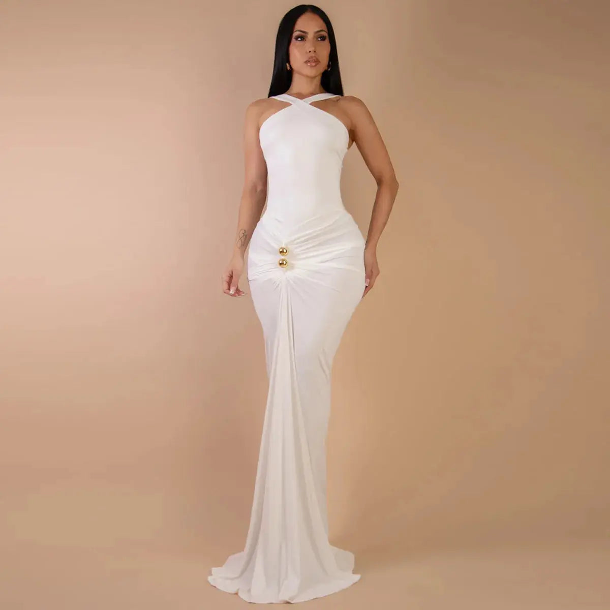 CM.YAYA Women Sleeveless Cross V-neck Ruched Stacked Midi Maxi Long Bodycon Dress 2025 Holiday Birthday Party Evening Dresses Beauty hair & fashionfj