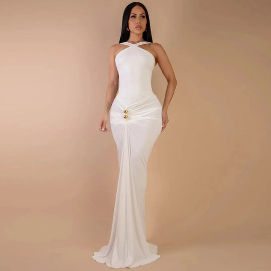 CM.YAYA Women Sleeveless Cross V-neck Ruched Stacked Midi Maxi Long Bodycon Dress 2025 Holiday Birthday Party Evening Dresses Beauty hair & fashionfj