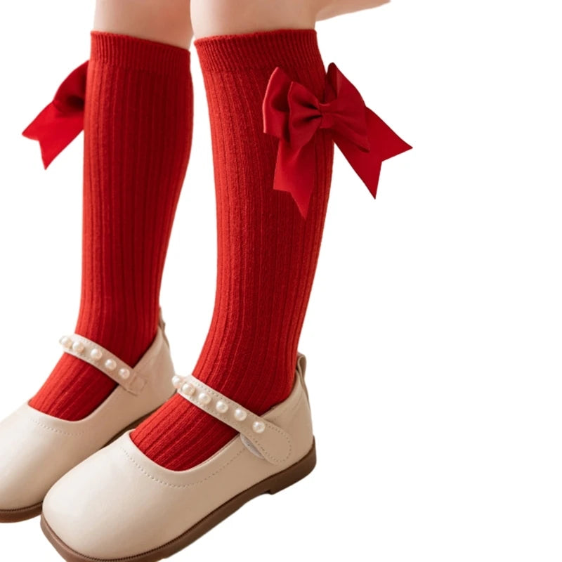 Pairs Girls Knee High Socks with Big Ribbons Bow, Back to School Socks Cotton Socks Uniform Party Wear Long Socks