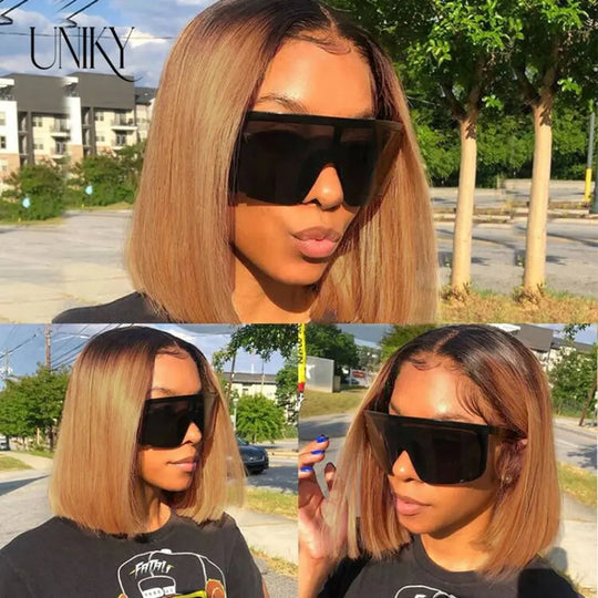 Short Straight Human Hair Ombre Blonde Cheap Short Bob Straight Wig For Black Women Transparent Lace Frontal Brazilian Remy 180% Beauty hair & fashionfj