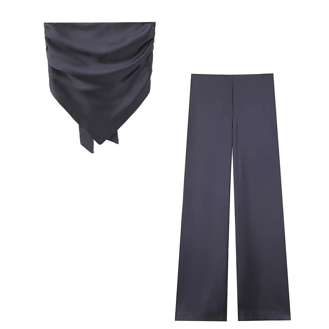 TRAFZA Elegant Solid Silk Texture Suit For Women Backless Lace Up Tube Top+High Waist Wide Leg Pants Women's Summer Fashion Set Beauty hair & fashionfj