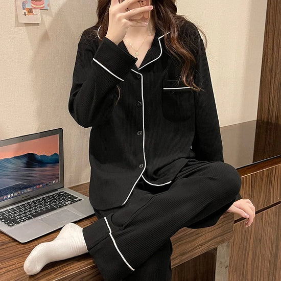 Spring/Autumn New Arrivals: Minimalist Fashion Pyjamas for Women Long-Sleeved Casual Teenage Girls&