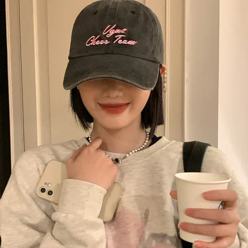 Retro Washed Cotton Baseball Caps for Women Embroidery Letter Hip Hop Sun Hats Solid Color Outdoor Girl Sunshade Duck Tongue Cap Beauty hair & fashionfj