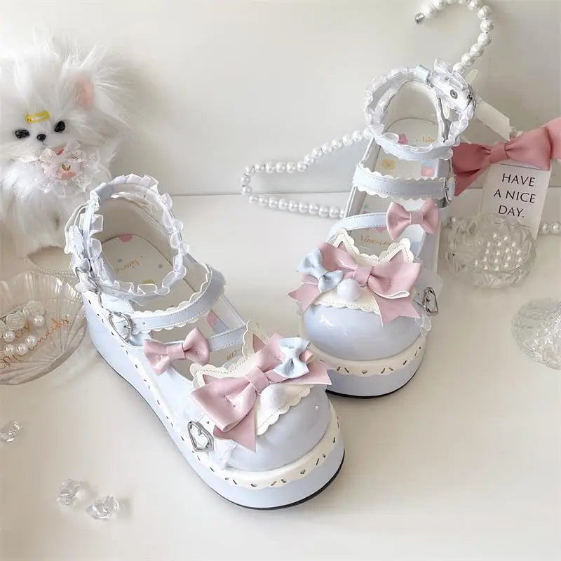 Sweet Girls Lolita Cute Bowknots Platform Shoes Kawaii Love Buckle Alice Flat Elevator Shoes Mary Janes Beauty hair & fashionfj