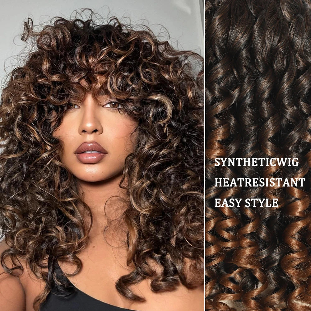 Curly Wig for Women Ombre Blonde Long Curly Wave Wigs with Bangs Synthetic Wig Natural Cosplay Party Heat Resistant Hair