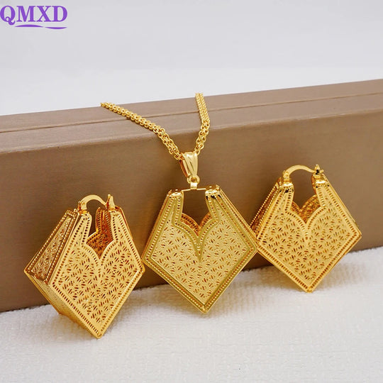 Fashion Dubai Jewelry Sets Gold Color Pendant Copper Classic Earrings Necklace For Women Daily Wear Party Anniversary Gifts