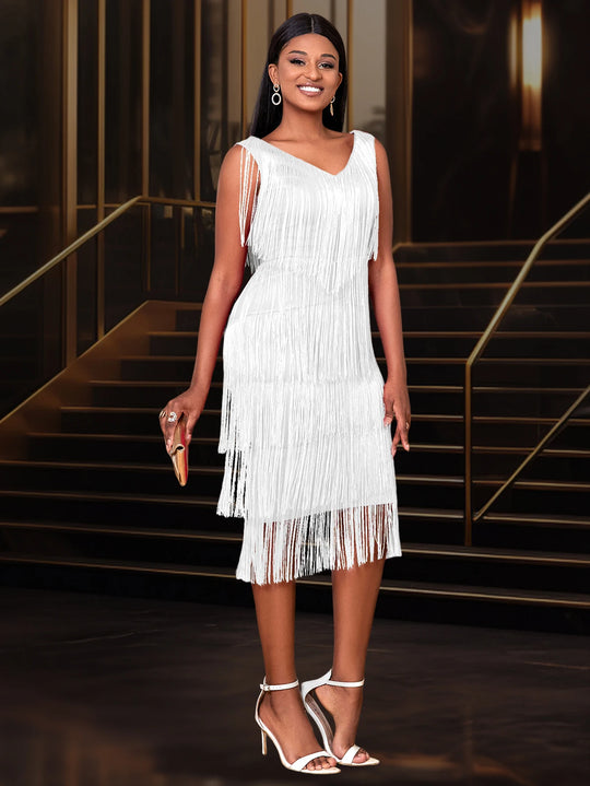 AOMEI Tassel Dresses Party V Neck Sleeveless High Waist Women Fringe Dance Evening Birthday Gowns Sexy Club New African Robe