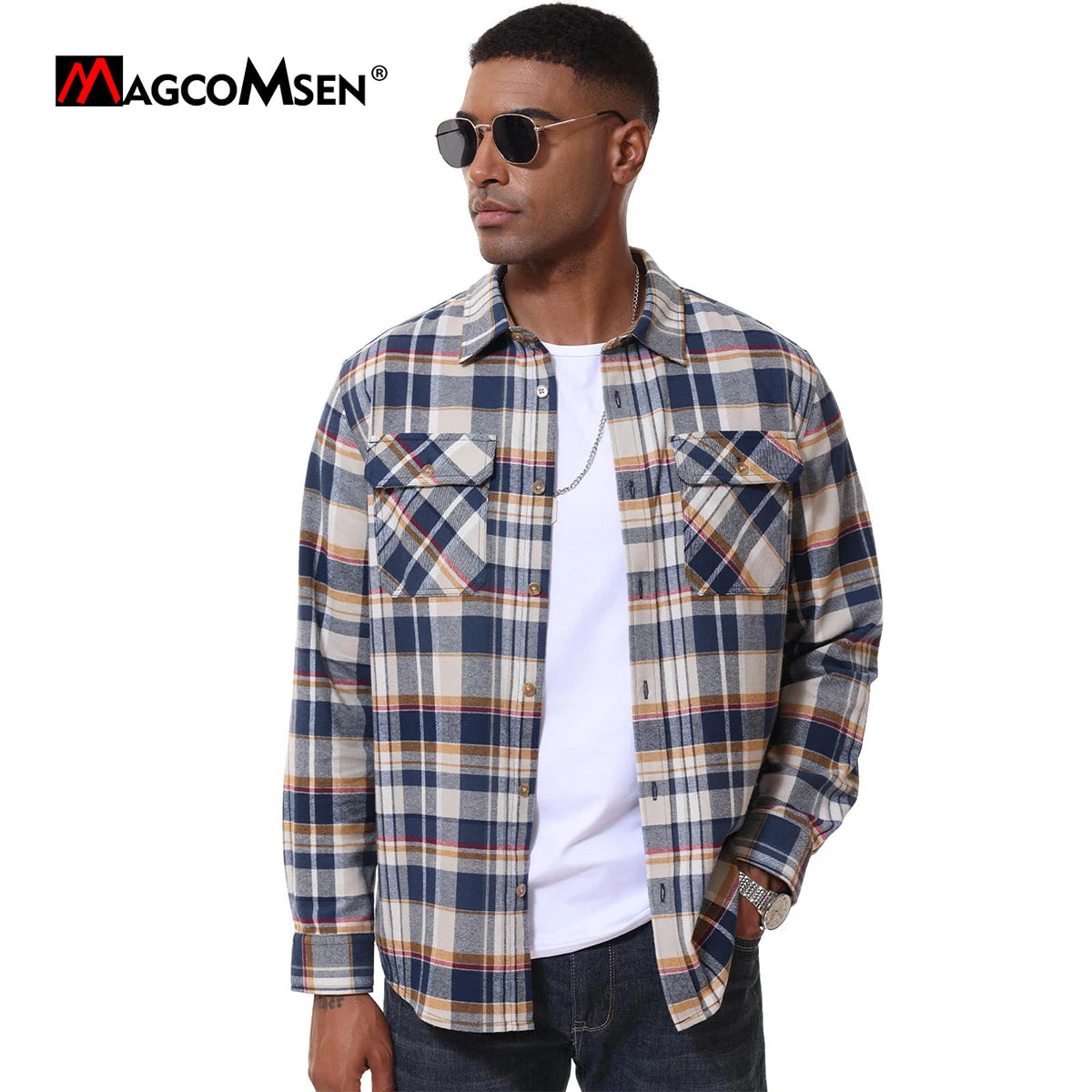 MAGCOMSEN Flannel Shirts Men's Long Sleeves Cotton Long Sleeve Plaid Shirt with 2 Pockets Button Down Casual Corduroy Shirt Male Beauty hair & fashionfj