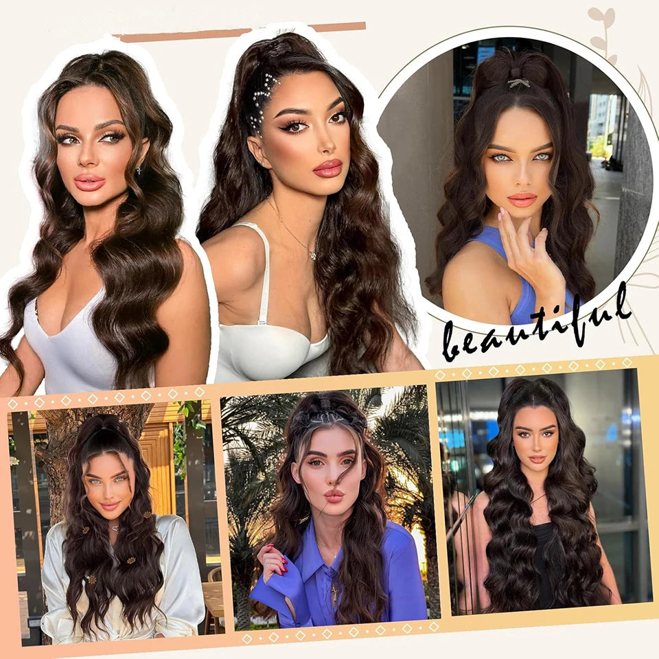 28 Inch Drawstring Ponytail Synthetic Hair Extensions For Black Women Long Wavy Clip-in High Temperature Pony Tail For Afro Girl