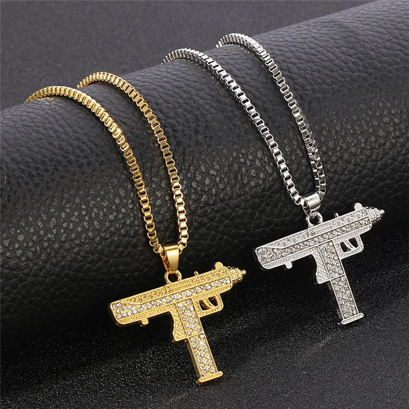 Gold Plated Necklace Uzi Gun Pendant Necklace Alloy Full Crystal Bling Submachine Chain Hip Hop Accessories Male Necklace Beauty hair & fashionfj
