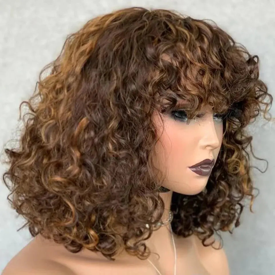 Jerry Curly Short Pixie Bob Cut Human Hair Wigs With BangsGlueless Wig Highlight Honey Water Wave Blonde Colored Wigs For Women Beauty hair & fashionfj