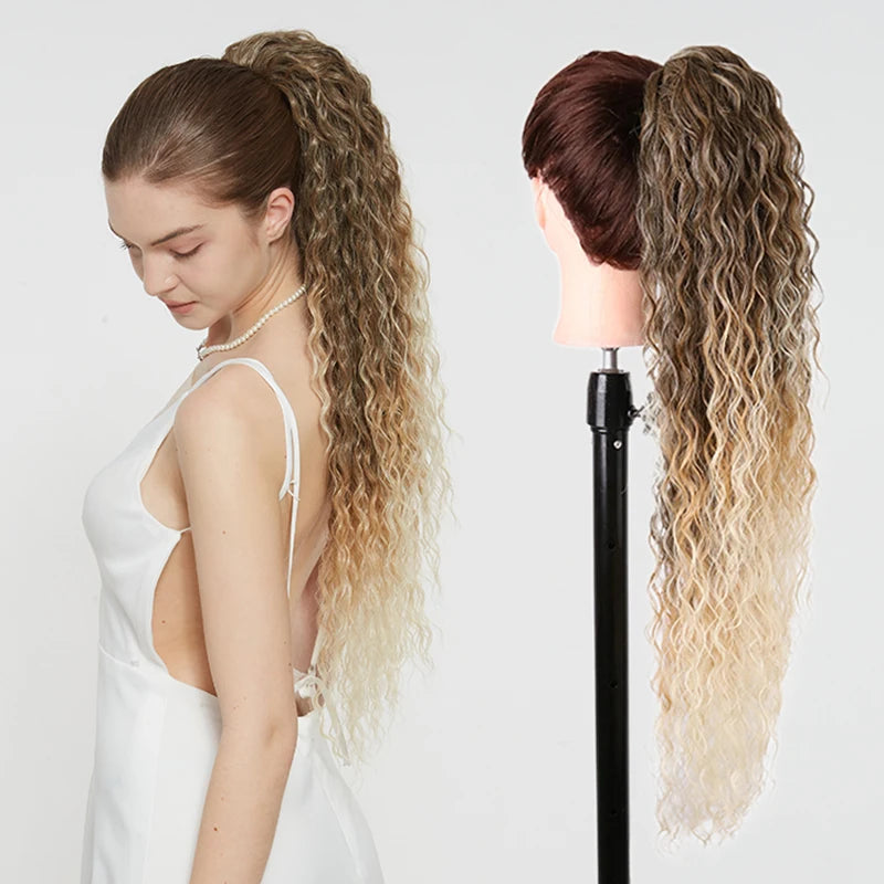 Julianna Synthetic Kanekalon Black Drawstring Water Wave Ponytail Extension Female Curly Wavy Clip In Ponytail Hair Extension