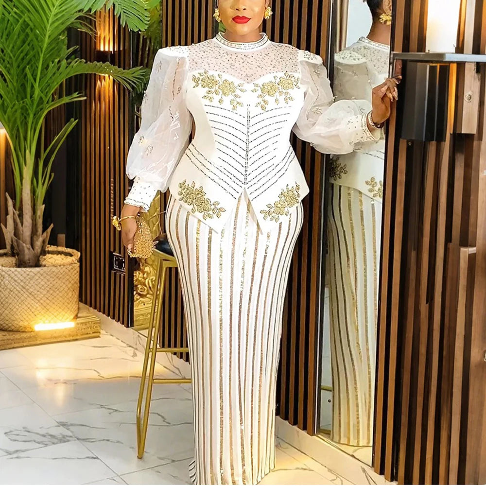 Elegant African Dresses for Woman 2025 New Sequined Diamond Plus Size Luxury Evening Party Dashiki Ankara Outfits Robes Clothes Beauty hair & fashionfj