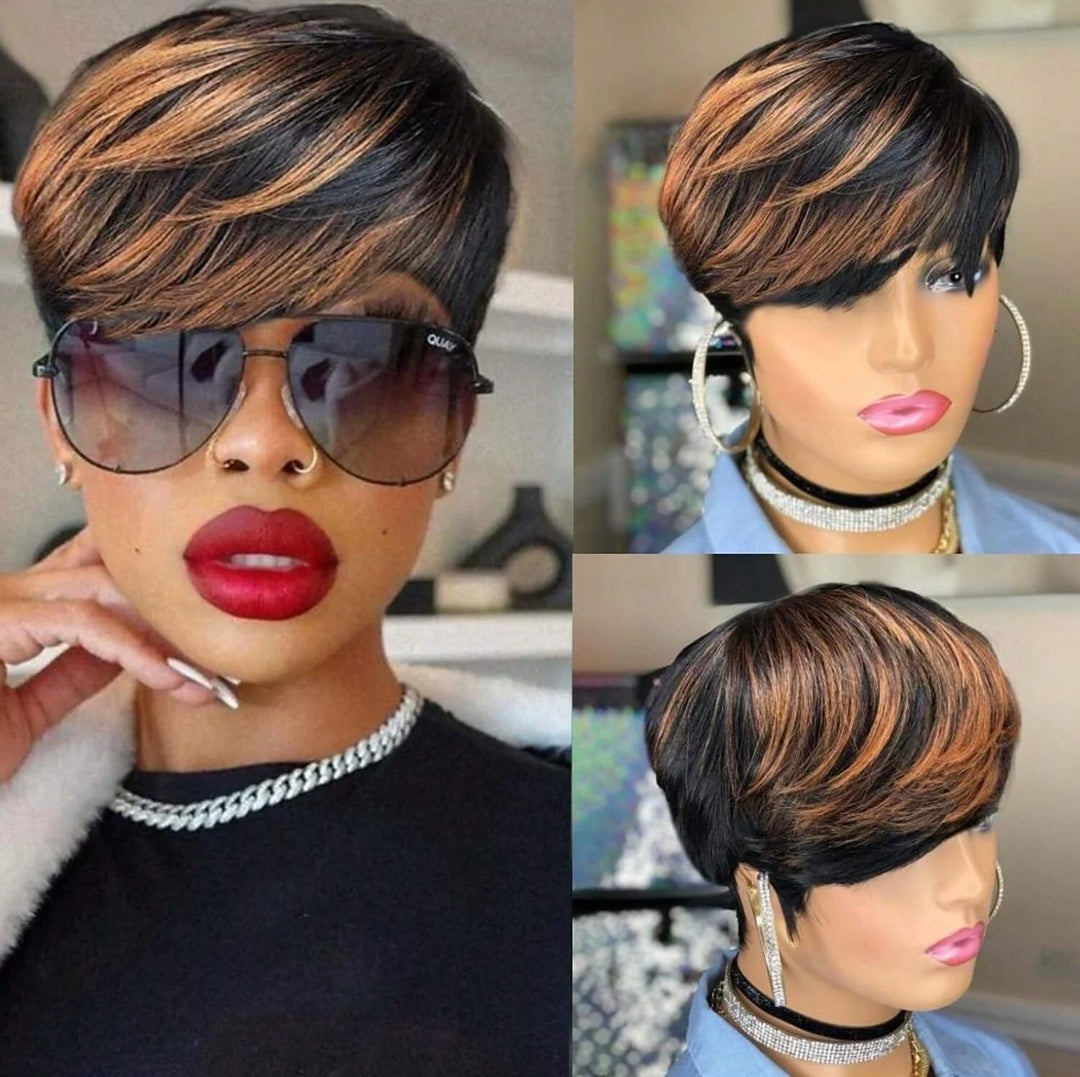 WIGERA Highlight Synthetic Short Straight Pixie Cut Hair Bob Wig Ombre Honey Blonde Mix Black Bronw Layered Hair Wigs For Woman