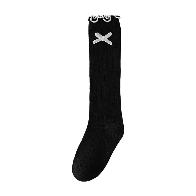 Girls Korean Bow Ruffle Calf Socks for Kids Cute White Knee High Long Lace Children Socks Spring Summer Soft School Stockings