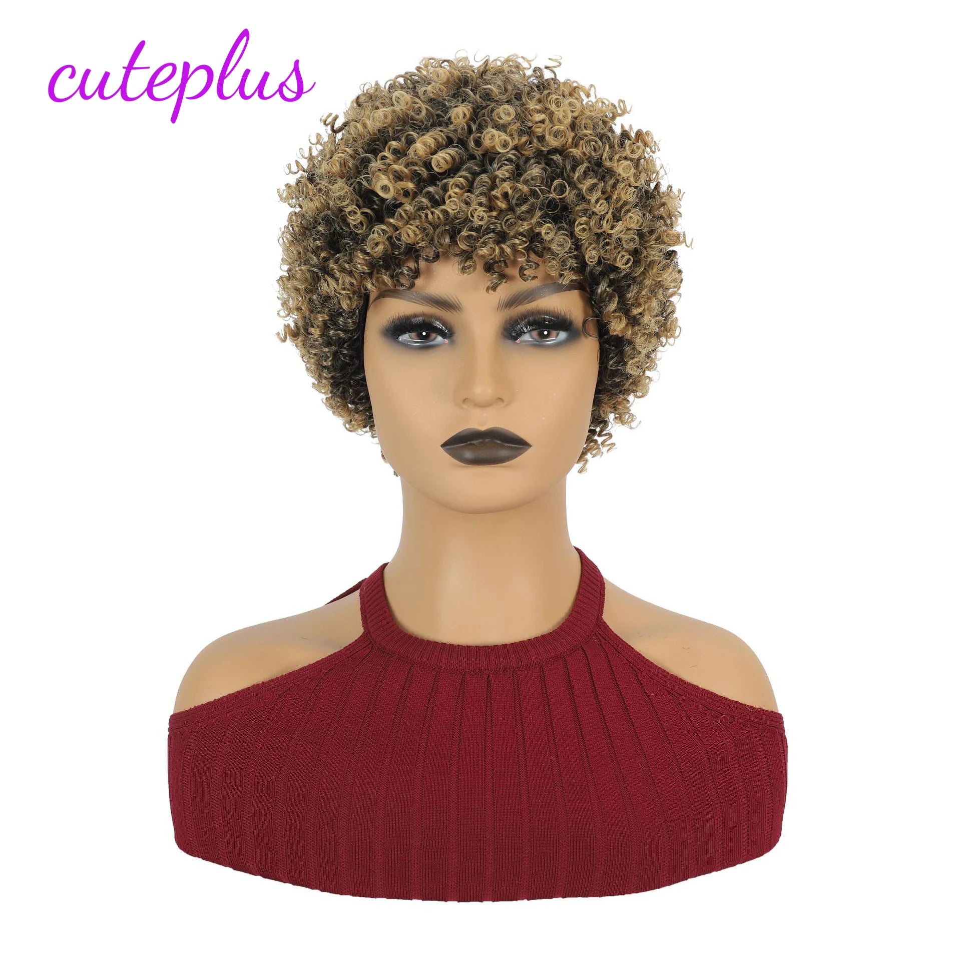 Short Kinky Curly Afro Synthetic Hair Wig for Black Women with Bangs Natural Cosplay