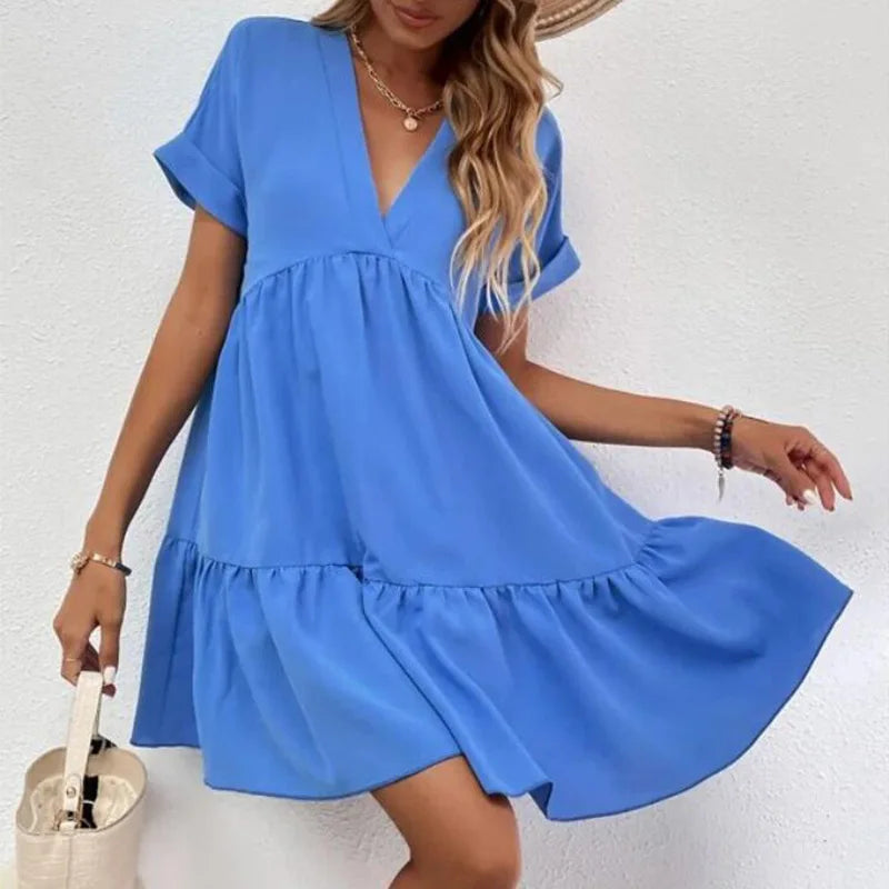 Women's Casual Short Skirt Fresh  Sweet V-neck Cake Solid Color Big Swing Elegant Summer New Solid Color Holiday Mini Dress Beauty hair & fashionfj