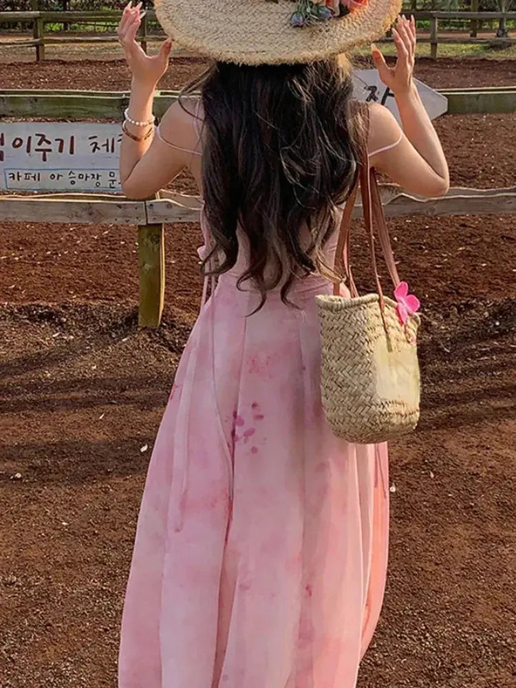 Casual Light Pink Printed Sleeveless Dress Beach Fashion Y2K Vintage Chic Summer French Retro Elegant Chiffon Midi Dress Women Beauty hair & fashionfj