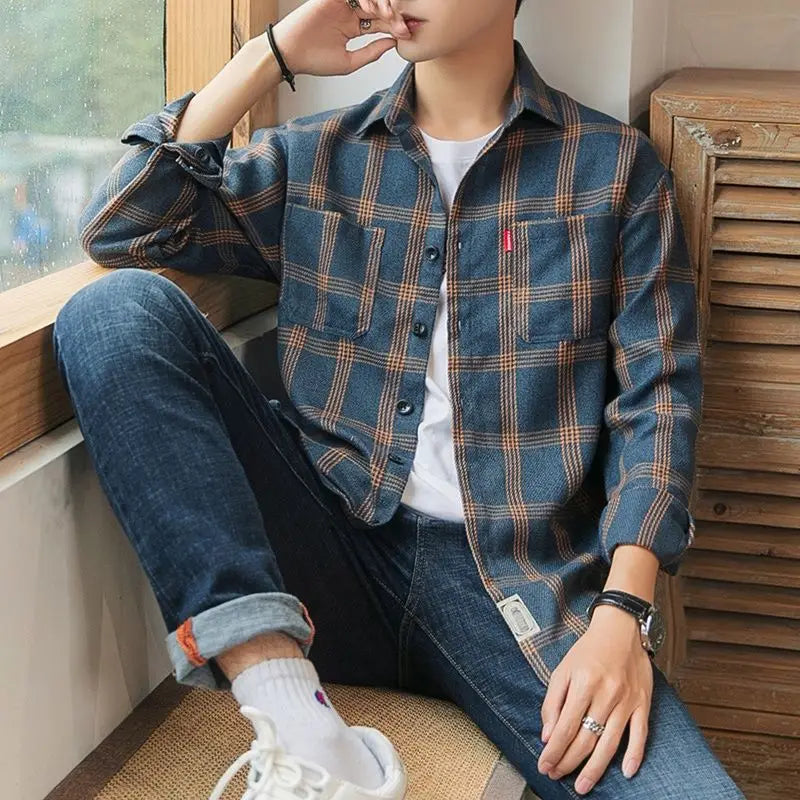 Long Sleeve Men's Shirt and Blouse Cargo Clothes with Pocket Plaid Male Top Luxury Button Aesthetic Sleeves Fashion 2024 Vintage Beauty hair & fashionfj