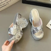 Slippers Women Summer On A Wedge Luxury Slides Shoes Flower Platform Pantofle Designer 2025 Floral Bling Fashion Shoes Woman&