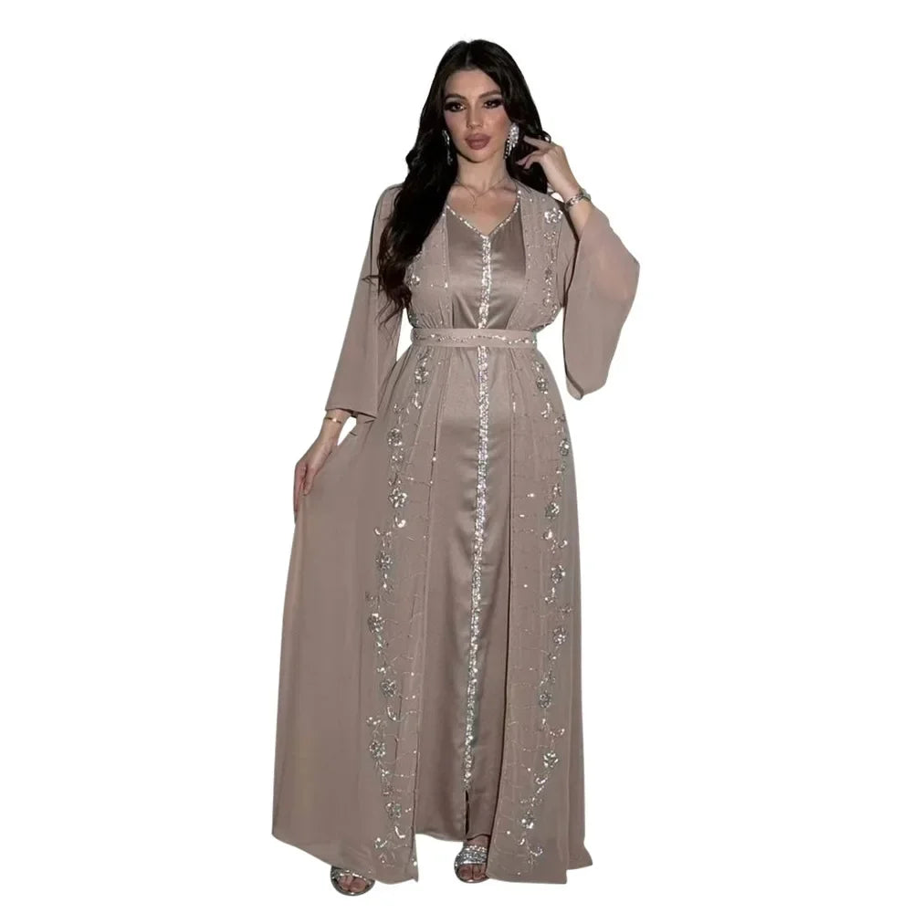 Muslim Set Dress Women Four-season Commute Muslim Set Fashion Party Dubai Turkey Long Sleeve Chiffon Cardigan Dress and Vest 2ps Beauty hair & fashionfj