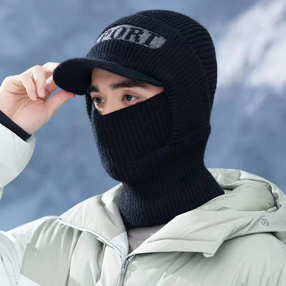 Winter Knitted Hat For Men Women With Ear Protection Integrated Mask Scarf  Couples Windproof Warm Headgear Travel Hat Black