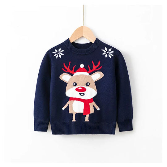 Kid Boys and Girls Casual Long Sleeves Top with Cartoon Prints in Christmas Blue Series Unisex Sweater for Children Comfortable