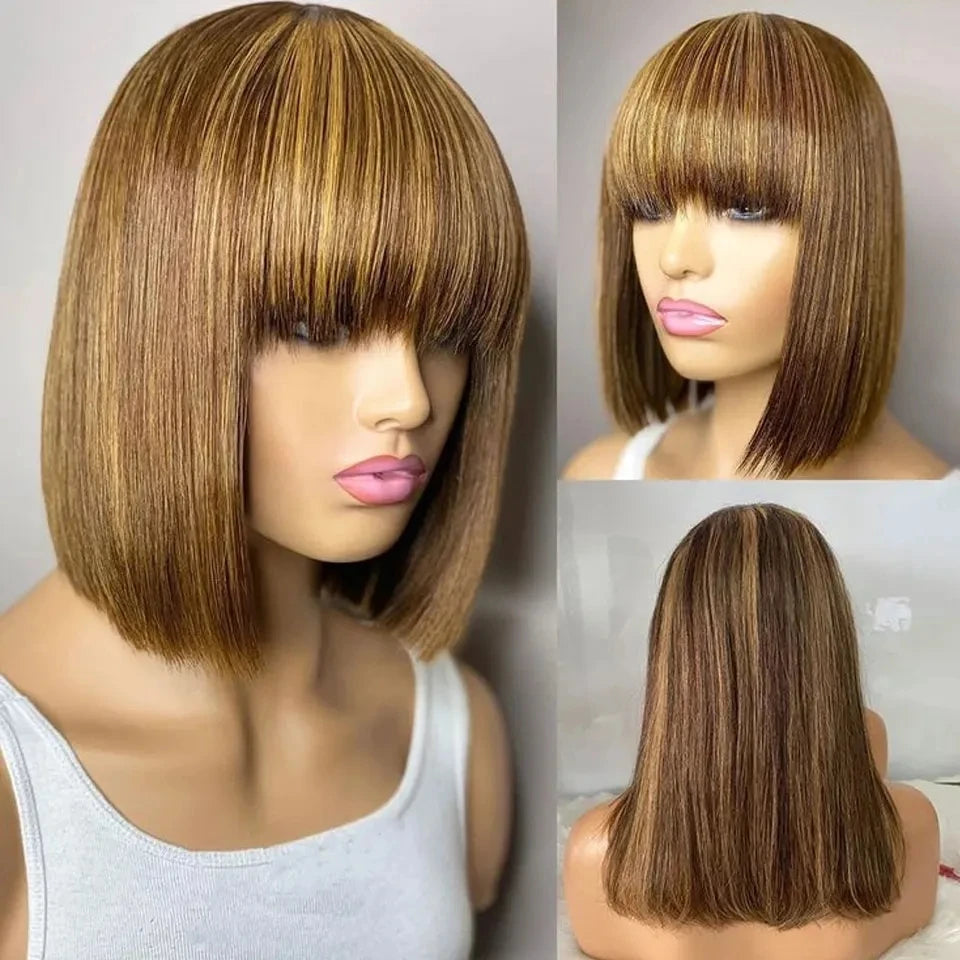 Short Straight Bob Wig With Bangs Brazilian Human Hair Bob Wigs For Women Full Machine Made P4/27 Ombre Color Bob Wig