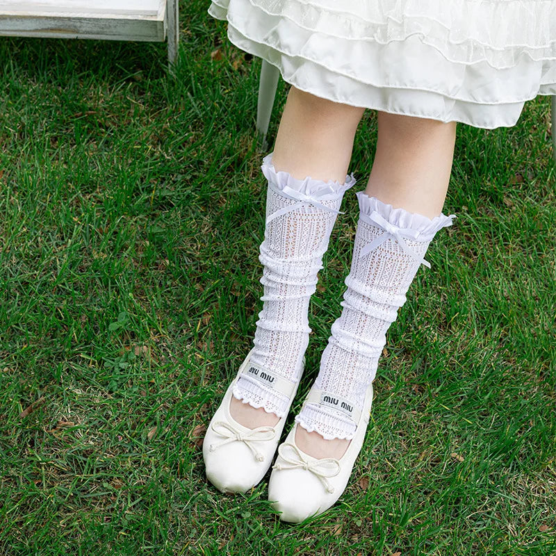 Girls Long Tube Lace Stockings Sweet Bow Jacquard Pattern Mesh Sock Baby Girl Ballet Fishing Net Frilly Socks Lolita Leggings