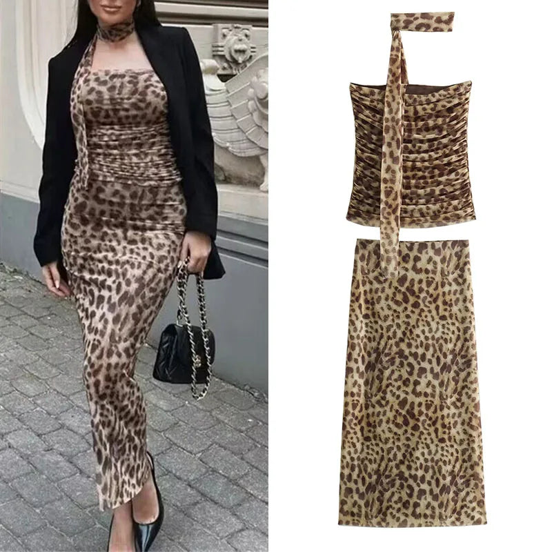 MUJER Leopard Print Tulle Crop Top Woman Ruched Off Shoulder Bandeau Top Women Sleeveless Backless Tube Top Summer Sexy Tops Beauty hair & fashionfj