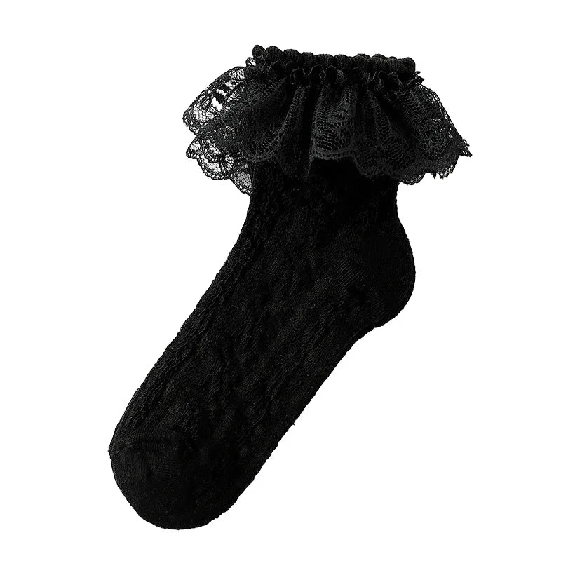 1 Pair Baby Girls Kids Socks Lace Ruffle Princess Mesh Children Short Breathable Cotton White Black Dance Toddler Socks