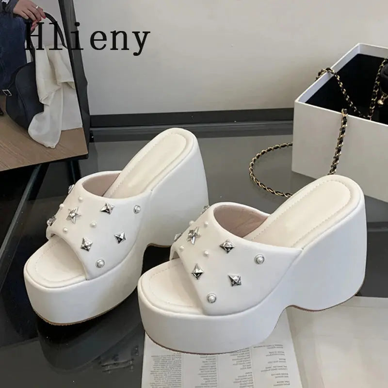 Hlieny Summer Platform Women's Wedges Slippers Shoes Fashion Metal Rivets Thick Bottom High Heels Banquet Female Sandals Beauty hair & fashionfj