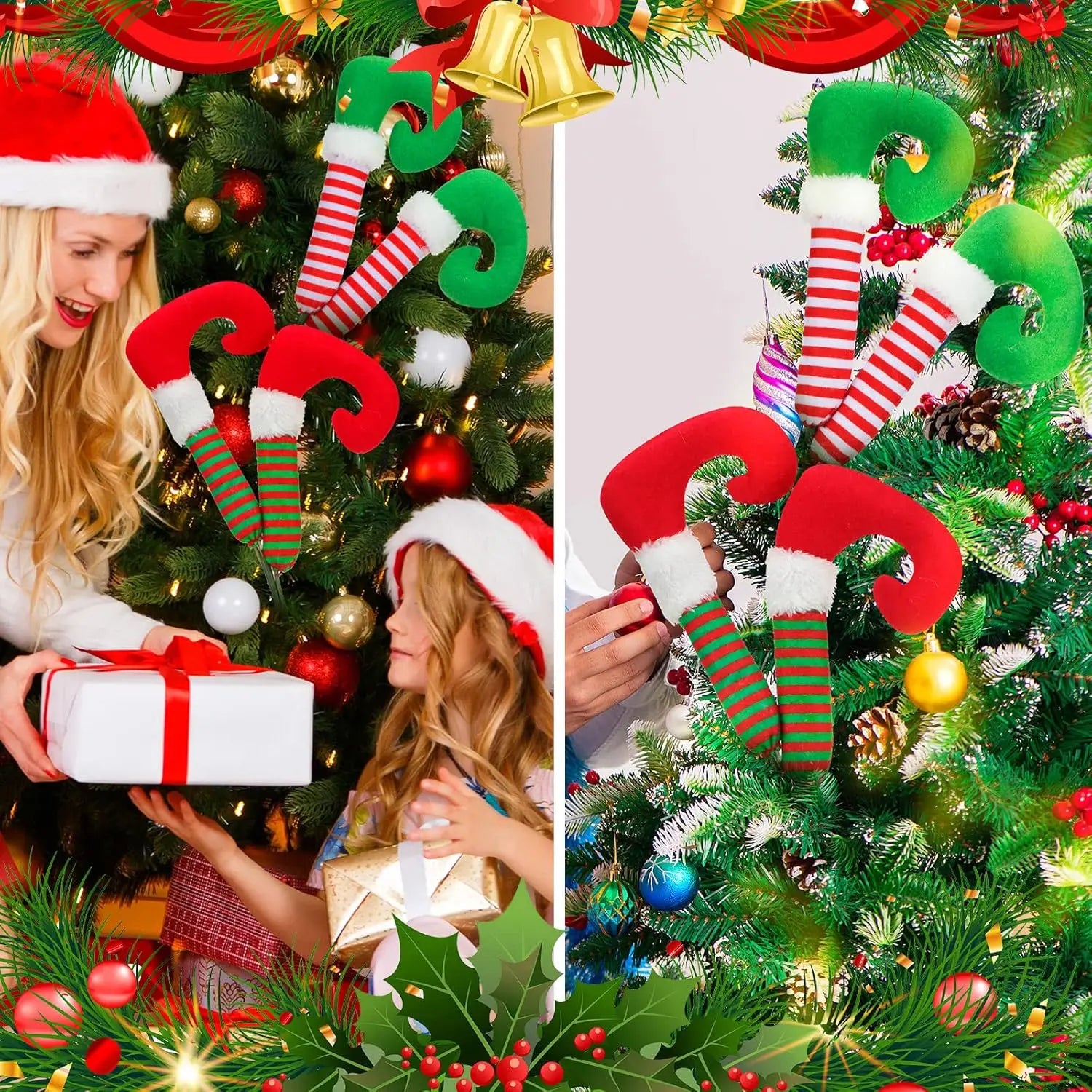 Christmas Elf Legs Boot Pick Striped for Christmas Tree Stuffed Elf Leg Tree Topper for Xmas Navidad Holiday Party Decorations