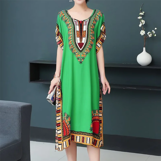 Summer Trend Ethnic V-Neck Printed Women's Dress Vintage Elegant Batswing Sleeves Elastic Waist Large Swing Casual Holiday Dress Beauty hair & fashionfj