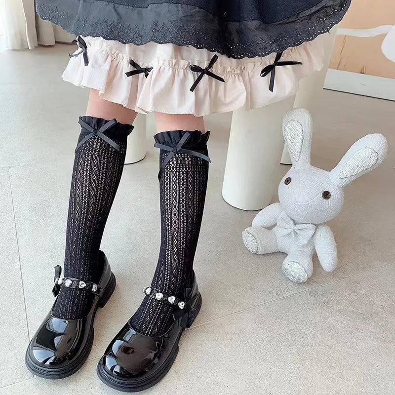 Girls Long Tube Lace Stockings Sweet Bow Jacquard Pattern Mesh Sock Baby Girl Ballet Fishing Net Frilly Socks Lolita Leggings