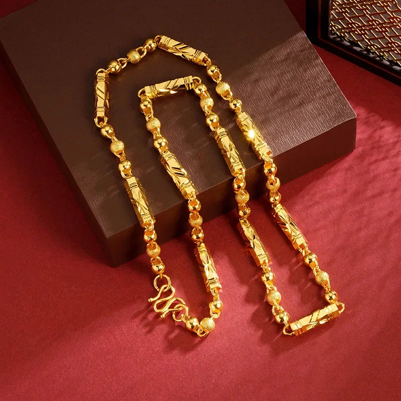 Luxury 24K 9999 Pure Gold real gold Men's necklace hexagonal beads solid chain Beauty hair & fashionfj