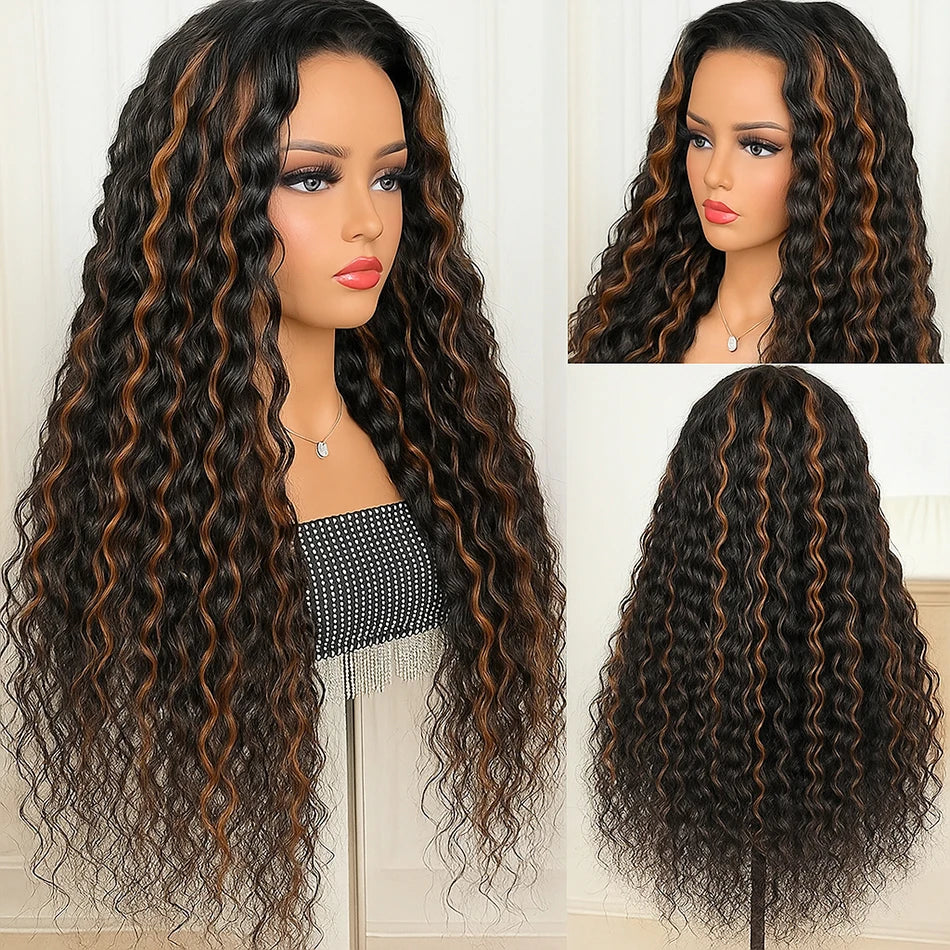 1b30 Highlight Half wig wear and go 3in1 Headband Wigs Human Hair Water Wave Wigs 100% Hair Curly wig Deep Wave Human Hair Wig