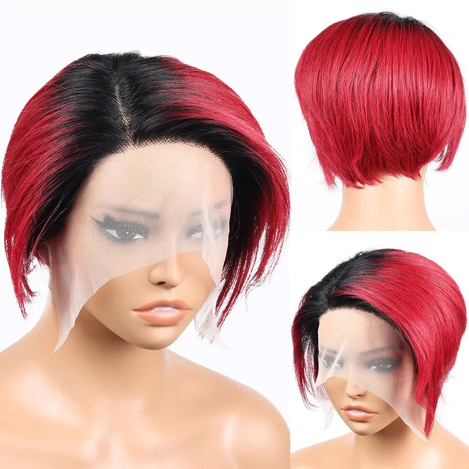 Brazilian Short Bob Pixie Cut Wig Pre plucked Lace Frontal Straight Transparent Lace Front Human Hair Wigs For Black Women  180%