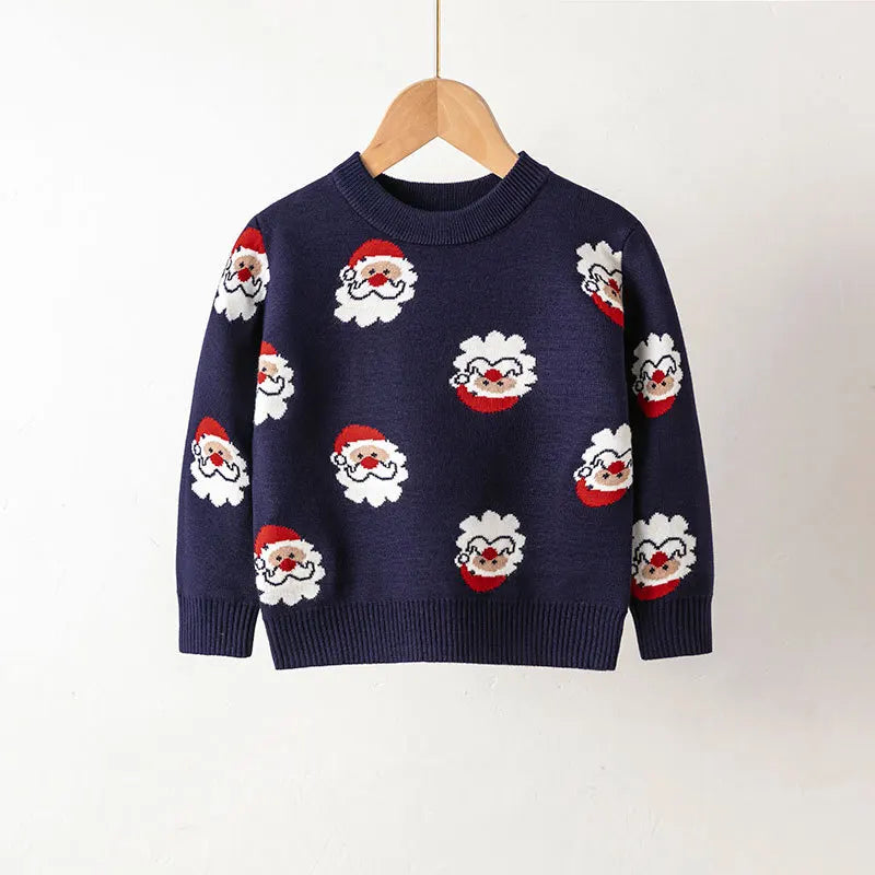 Kid Boys and Girls Casual Long Sleeves Top with Cartoon Prints in Christmas Blue Series Unisex Sweater for Children Comfortable