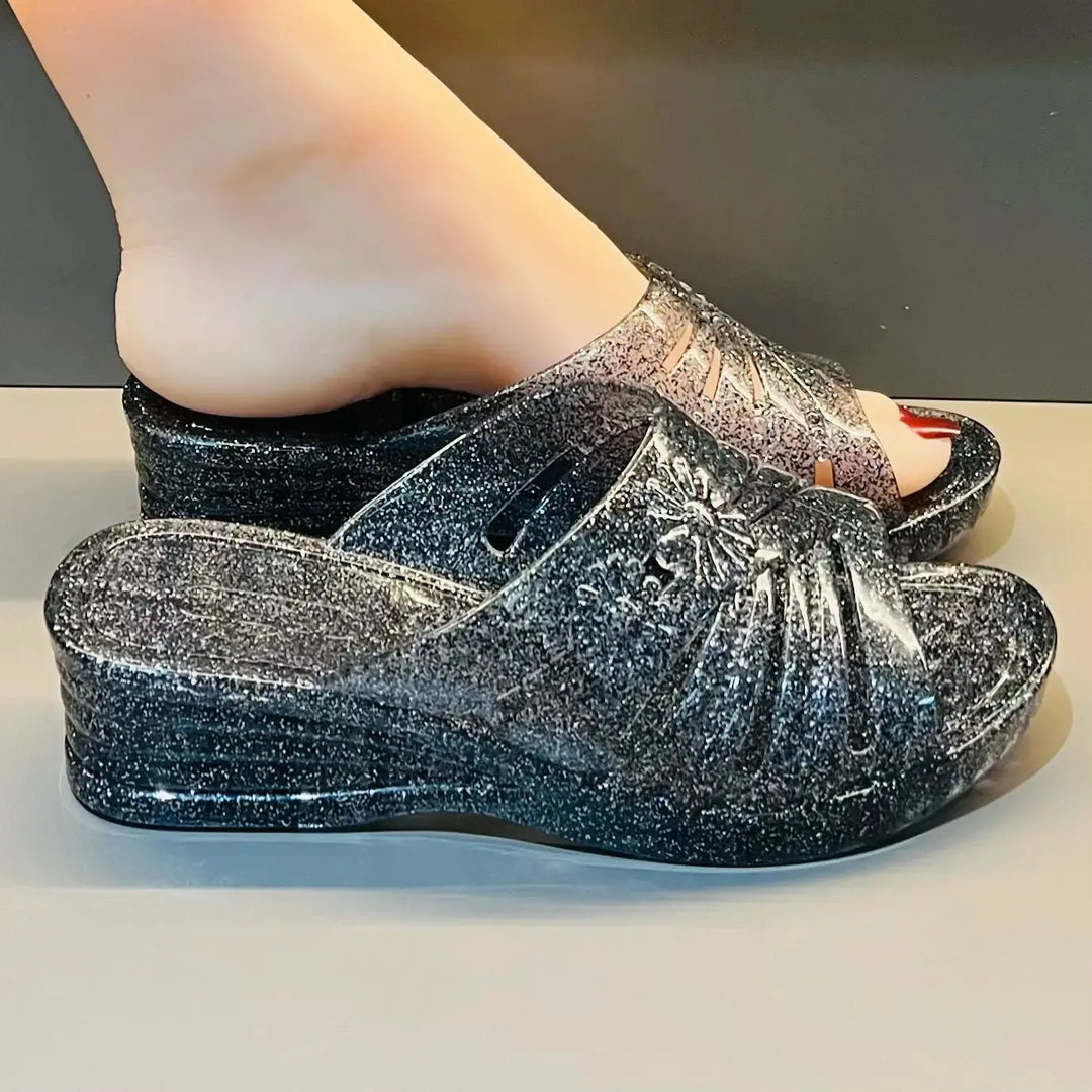 Transparent Jelly Slippers Women's Summer Wedged Heel Mules Shoes Woman Sparkling Glitter Sandal Open Toe Outdoor Clear Slipper Beauty hair & fashionfj