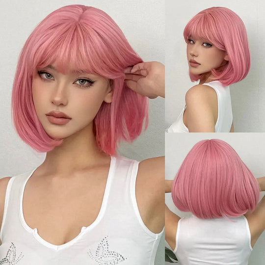 Short Black Brown Synthetic Natural Hair Wigs for Women Bob Straight Wig with Bangs High Temperature Daily Cosplay Party Wigs Beauty hair & fashionfj