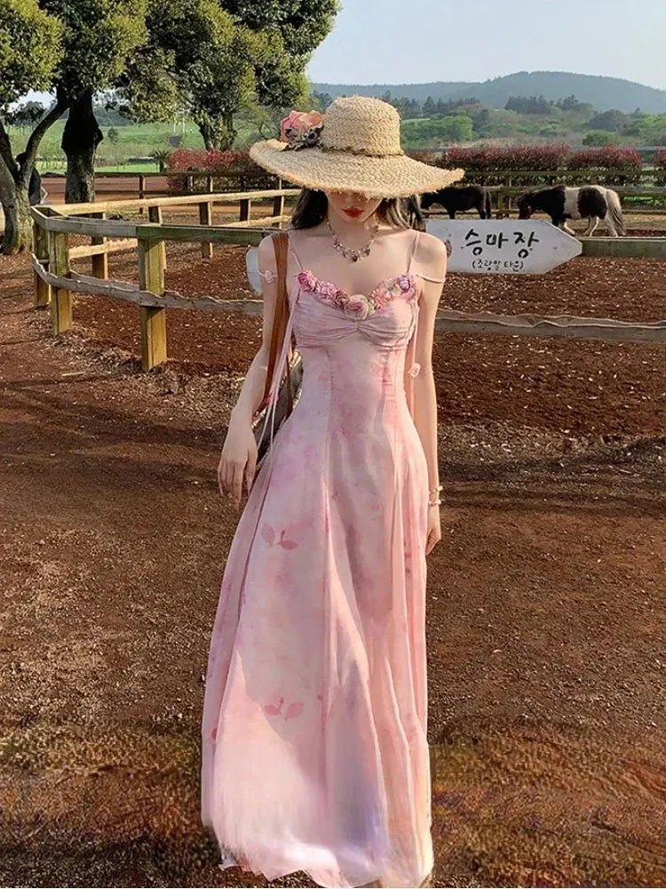 Casual Light Pink Printed Sleeveless Dress Beach Fashion Y2K Vintage Chic Summer French Retro Elegant Chiffon Midi Dress Women Beauty hair & fashionfj