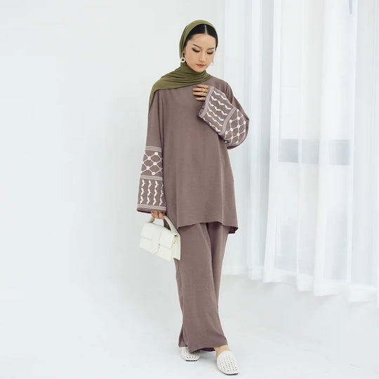 2PCS Embroidery Muslim Women Long Sleeve Tops Pants Set Dubai Turkey Outfits Islamic Clothing Kebaya Eid Ramadan Robe Abaya Suit Beauty hair & fashionfj