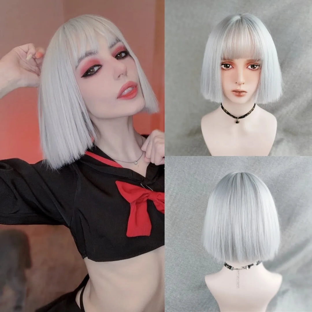 Short Bob Straight Synthetic Blonde Wig With Bangs Girl Female Crochet Hair Silver White Pink Orange Wig