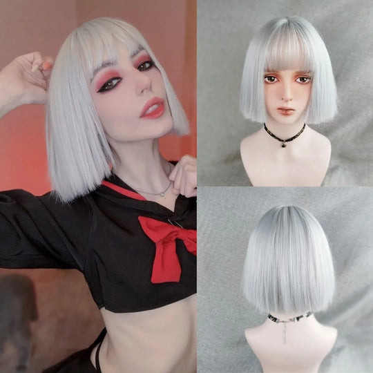 Short Bob Straight Synthetic Blonde Wig With Bangs Girl Female Crochet Hair Silver White Pink Orange Wig