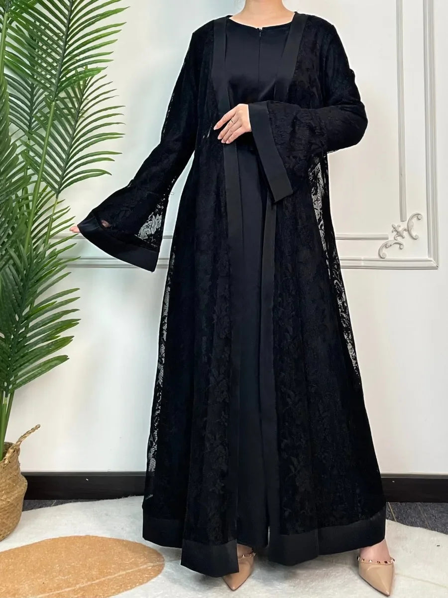 Ramadan Eid Prayer Lace Abaya 2 Piece Set Inner Dress Women Flare Sleeve Long Abayas Kaftan Djellaba Dubai Party Vestidos 2024 Beauty hair & fashionfj