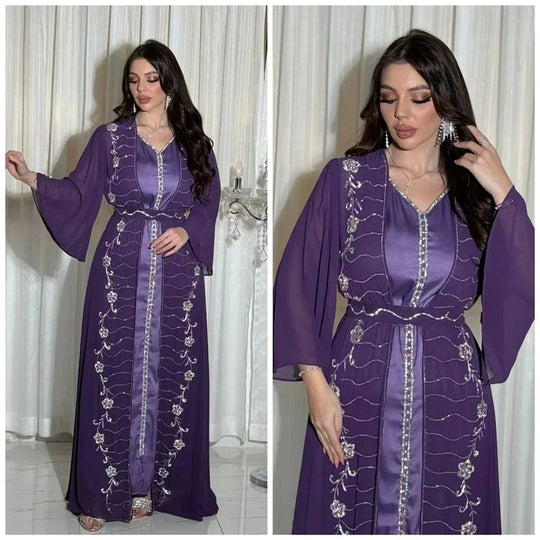 Muslim Set Dress Women Four-season Commute Muslim Set Fashion Party Dubai Turkey Long Sleeve Chiffon Cardigan Dress and Vest 2ps Beauty hair & fashionfj