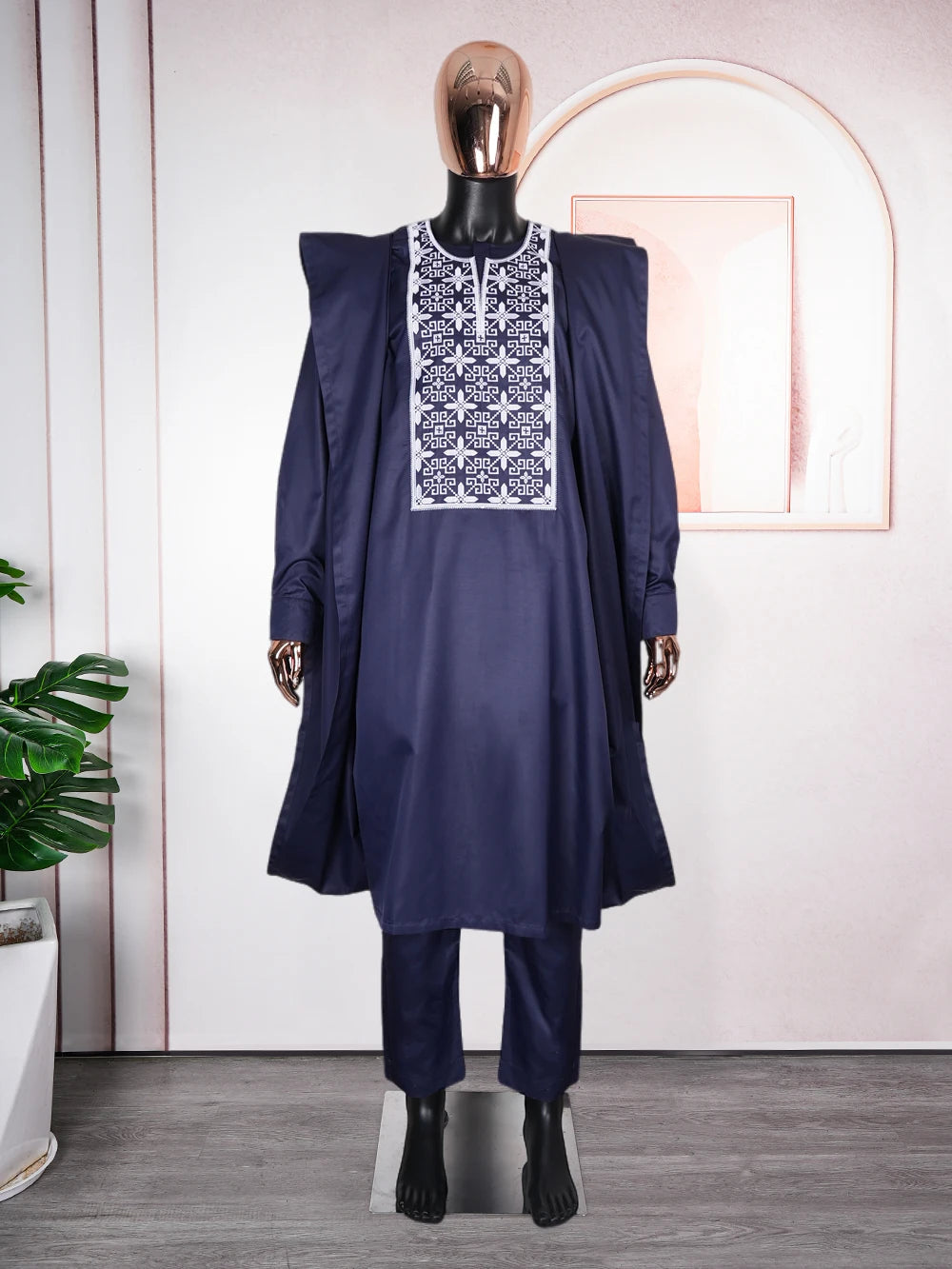 H&D African Suit For Men Robe Shirt Pants Set Long Sleeve Tops Embroidery Agbada Clothes Blue Africain Homme Traditional Robes Beauty hair & fashionfj